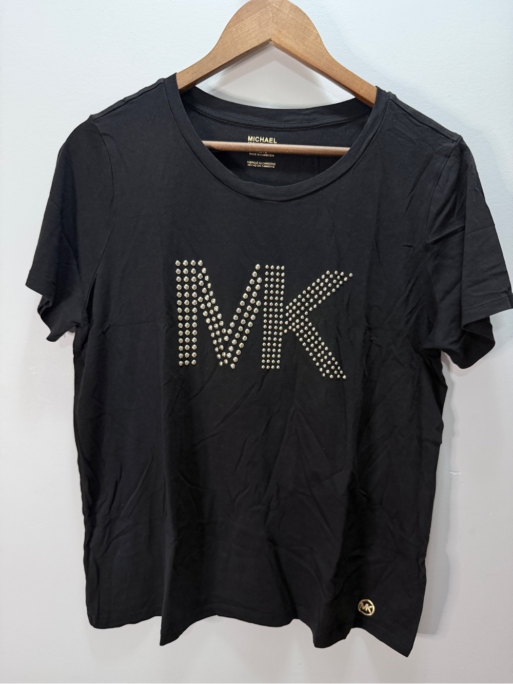 Michael Kors Black Studded 'MK' Logo T-Shirt Size XL 24.5x22